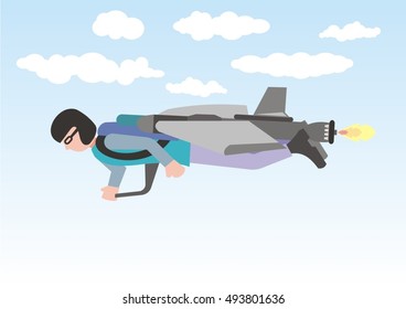 illustration man flying with jet engine