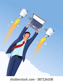 Illustration of a man flying in the sky with laptop. Successful businessman concept. Fast business promotion through internet, web. Vector illustration
