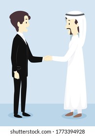 Illustration of a Man in Formal Attire Shaking Hands With an Arabic Man in Keffiyeh