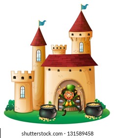 Illustration of a man in front of a castle with two pots of gold on a white background