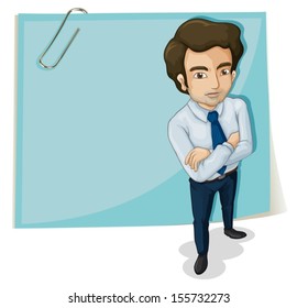 Illustration of a man in front of the empty signage with a paperclip on a white background