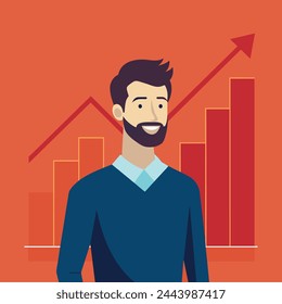 Ilustración de un hombre frente de gráfico con expresiones faciales felices.