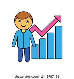 Illustration of a man front of graph with happy facial expressions.