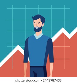 Illustration of a man front of graph with happy facial expressions.