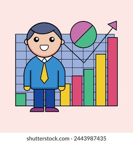 Illustration of a man front of graph with happy facial expressions.