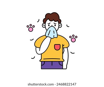 Illustration of a man gets a flu due to an animal hair allergy. allergy to animal dander. allergic rhinitis. using tissues. health problems. Design character illustrations with outline style. graphic 