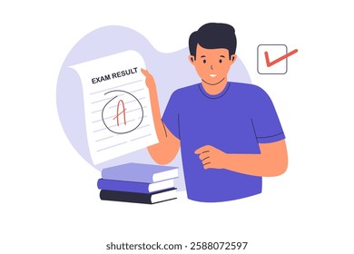 Illustration of man gets good exam results. Illustration for websites, landing pages, mobile apps, posters and banners.