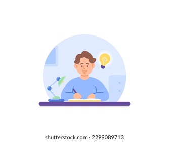 Ilustración de un hombre obteniendo una idea, solución o inspiración brillante. Escribir o anotar ideas que aparecen inesperadamente en el libro. creativo, con lluvia de ideas, inteligente. Diseño de caracteres de ilustración