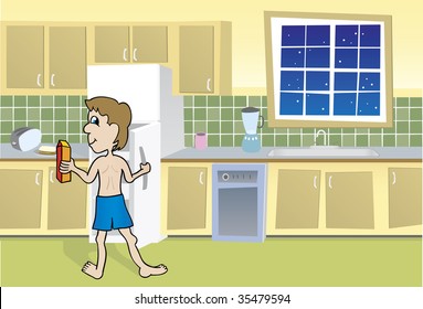 Illustration of a man getting a midnight snack out of the refrigerator.