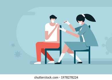 Illustration of a man getting vaccinated by nurse to prevent the Covid -19 pandemic