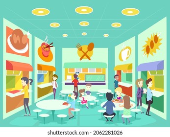 Illustration of Man Girl Crowd Eating and Buying Food at an Indoor Food Park with Food Stalls, Tables and Chairs