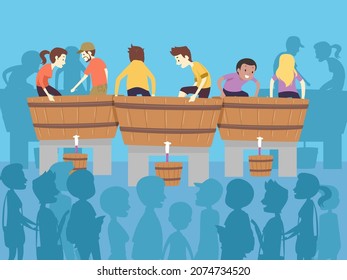 Illustration of Man and Girl Stomping Grapes in Barrel at Wine Festival Contest