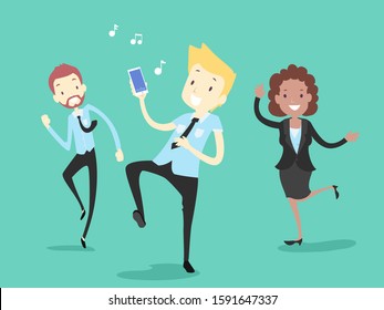 Illustration of a Man and Girl Wearing Office Attire and Playing an Office Game by Dancing to Music From Mobile Phone