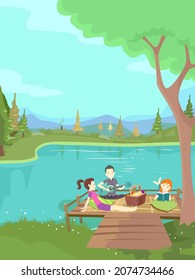 Illustration of Man Girls with Guitar, Book, Pillows, and Food Basket Having Picnic By the Lake