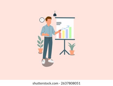 Illustration of a man giving a business presentation with pie and bar charts, explaining data to an audience in a modern office setting with indoor plants.