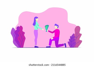 Illustration of a man giving flowers to his girlfriend in a flat style, perfect for your illustration project on Valentine's Day