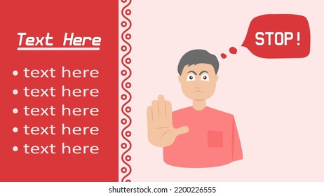 
an illustration of a man giving a hand gesture to stop. designed in a flat style that can be edited for various media campaigns or other illustrations.