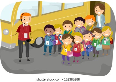 Illustration of a Man Giving Instructions to Kids on a Field Trip