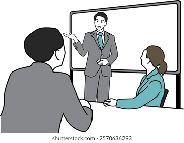 Illustration of a man giving a presentation and employees listening to it