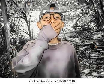 illustration of a man with glasses covering his mouth in the forest. Oops!