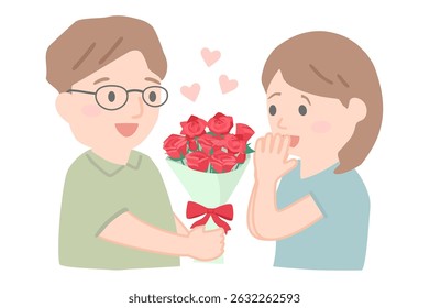 Illustration of a man with glasses offering a red rose and a woman receiving it.