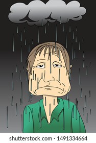 Illustration of a man with gloomy expression and a rainy cloud above his head
