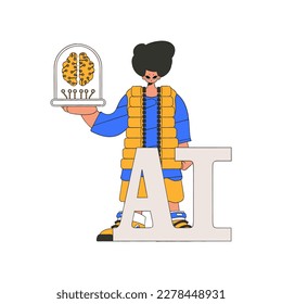 Illustration of a man grasping a robotic brain AI concept.