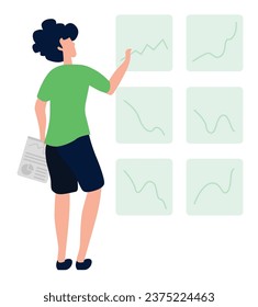 Illustration: Man in a green shirt examining charts, observing, or researching. Flat, simple, minimalist design with a clean and calming green color palette.