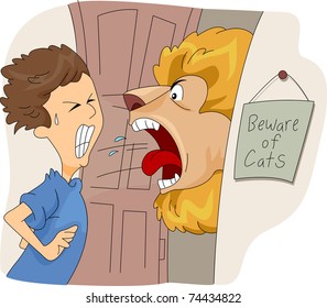 Illustration of a Man Greeted by a Lion at the Door