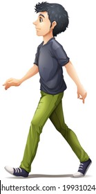 Illustration of a man in grey shirt walking on a white background