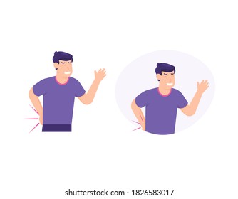 illustration of man grimacing in pain due to experiencing or having back pain, rheumatism, osteoporosis, internal disease. holding her waist. back body or spinal pain. sick person. flat style. design 