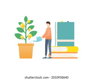 Illustration of a man growing a plant of knowledge and ideas.
This illustration is related to books, business, growth, study, learning, etc.
