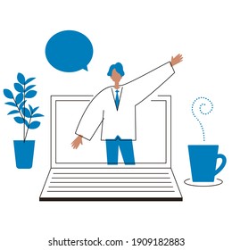 Illustration of a man guiding you through a computer screen. Vector illustration on white background.