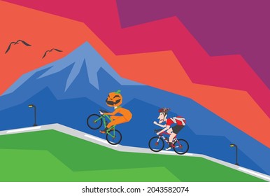 An illustration of man with Halloween costume riding bike, do some freestyle, and mocking another biker