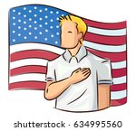 Illustration of a Man with Hand over Heart in front of an American Flag showing Respect