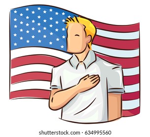 Illustration of a Man with Hand over Heart in front of an American Flag showing Respect