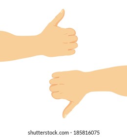 Illustration of man hands with positive and negative concepts with thumbs up and down isolated on white background from side view