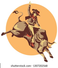 Illustration of a Man with Hands Up Riding a Bull Bucking Him Off