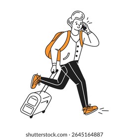Illustration of a man happily running with a suitcase while talking on the phone. He wears casual clothes with an orange backpack. Cartoon style on a white background.