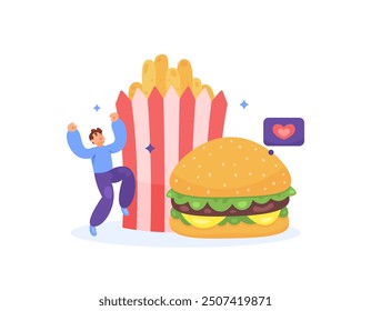 Ilustración de un hombre feliz con una bolsa de papas fritas y una hamburguesa. Desayuno con comida chatarra. Celebrar y disfrutar de la comida. Amor por comer. Concepto del Día Mundial de la Alimentación. Diseño de estilo plano. Elemento