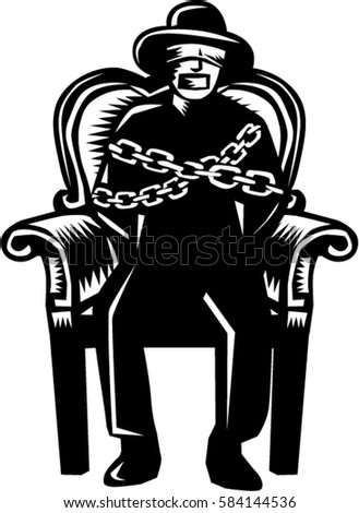 Illustration of a man in hat blindfolded and gagged and duct tape over mouth and bound in chains sitting on grand arm chair viewed from front set on isolated white background. 
