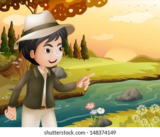 Illustration of a man with a hat at the riverbank