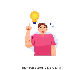 illustration of a man having a brilliant idea. finding a solution. intelligent, creative and innovative person. boy with lamp symbol. gesture and expression. flat style character design. elements