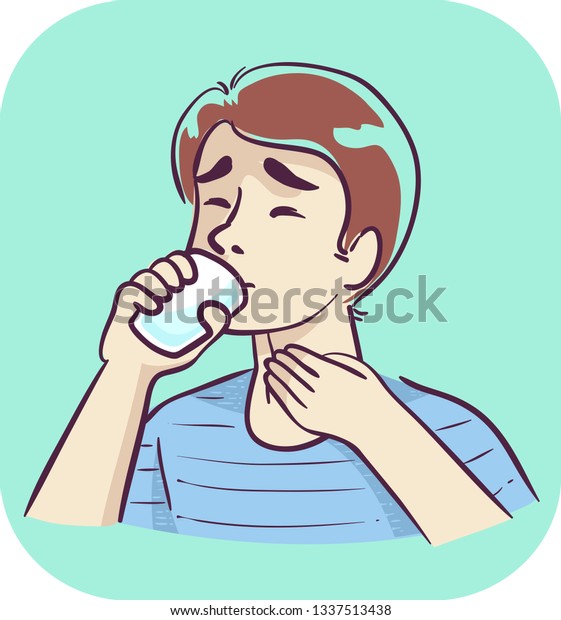 コップ1杯の水を飲み 喉をつかむのが困難な男性のイラスト のベクター画像素材 ロイヤリティフリー