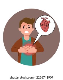 illustration of a man having a heart attack. Unwell man feel sick suffer from heart stroke, Sick unhappy guy touch upper chest having cardiovascular problems need doctor help.