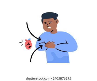 Ilustración de un hombre con un ataque al corazón. dolor severo en el pecho. La expresión en la cara de la persona que está sufriendo. problemas de salud. Diseño de ilustración de carácter plano o de dibujos animados