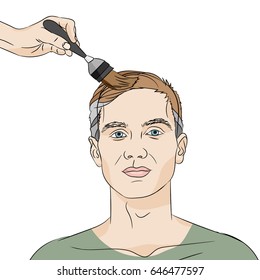 Illustration of a man having his grey hair dyed on white background
