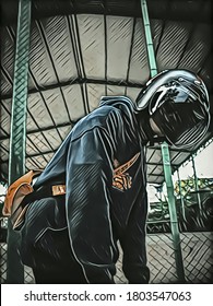 ilustración de un hombre con casco doblando.