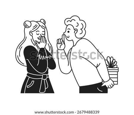 Illustration of a man with a hidden gift behind his back signaling silence to a delighted woman. Black and white line art depicting surprise and anticipation.