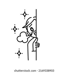 Illustration eines Mannes, der sich hinter der Wand versteckt und pinkelt (weißer Hintergrund, Vektorgrafik, ausgeschnitten)